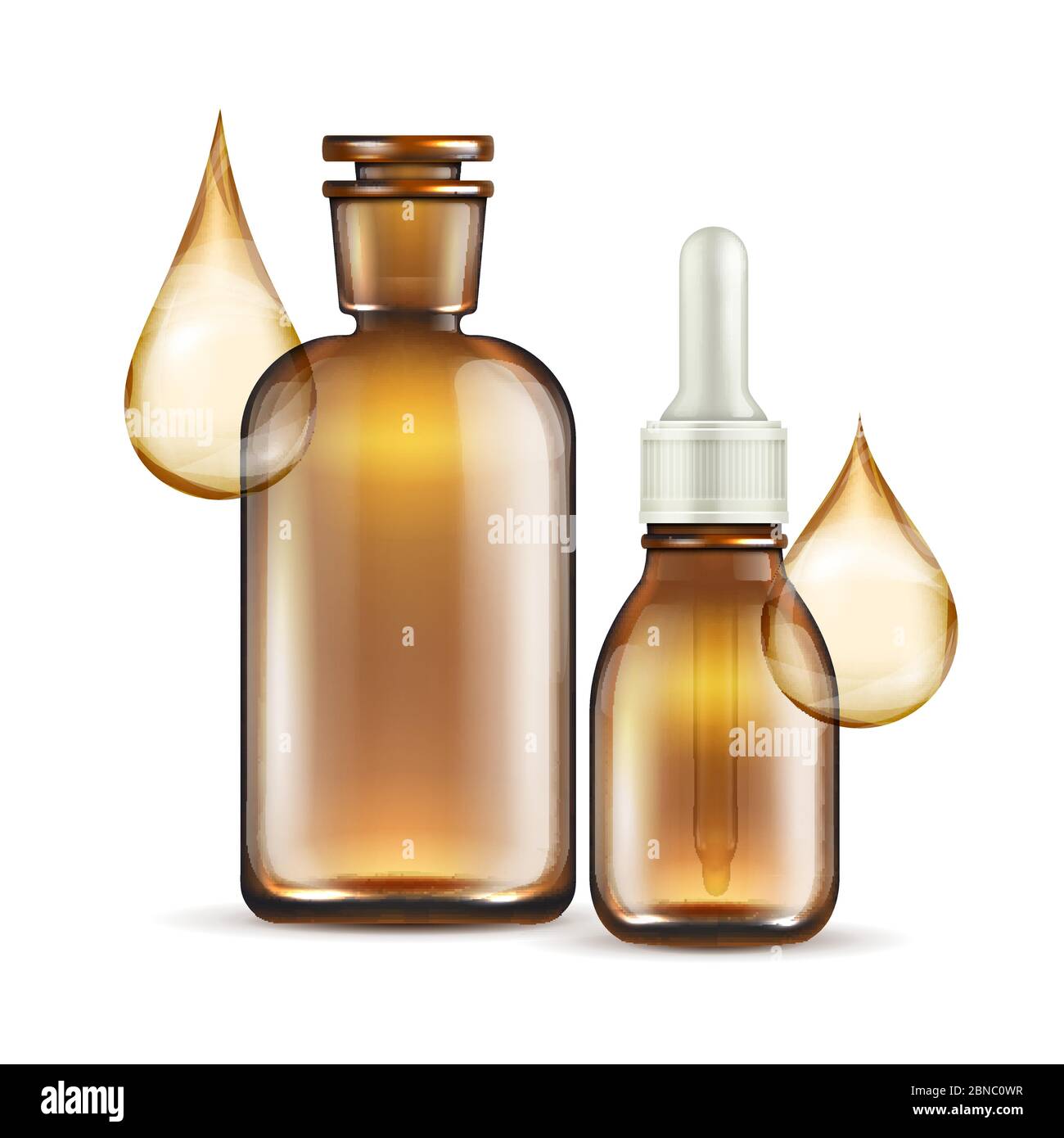 Realistic brown glass bottles for oil cosmetics isolated on white background. Vector illustration Stock Vector