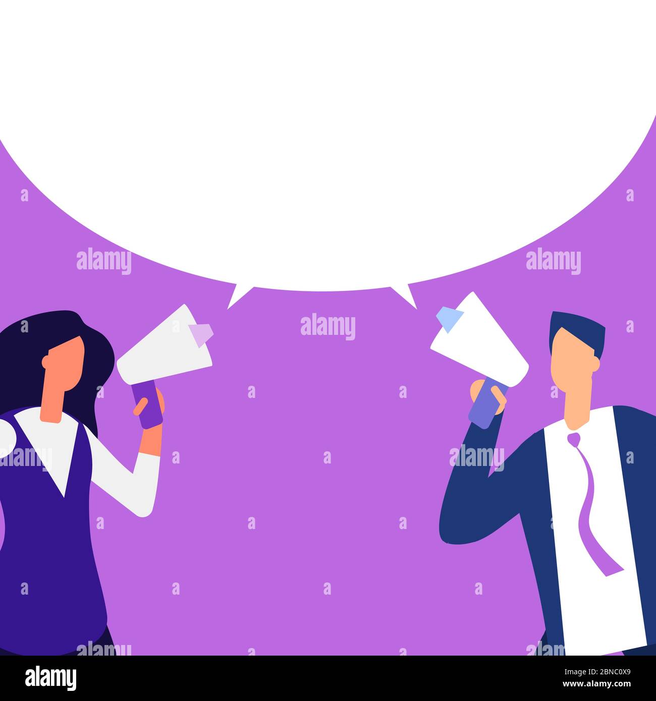 Man and woman with megaphone making message vector illustration. Marketing advertisement cartoon flat Stock Vector