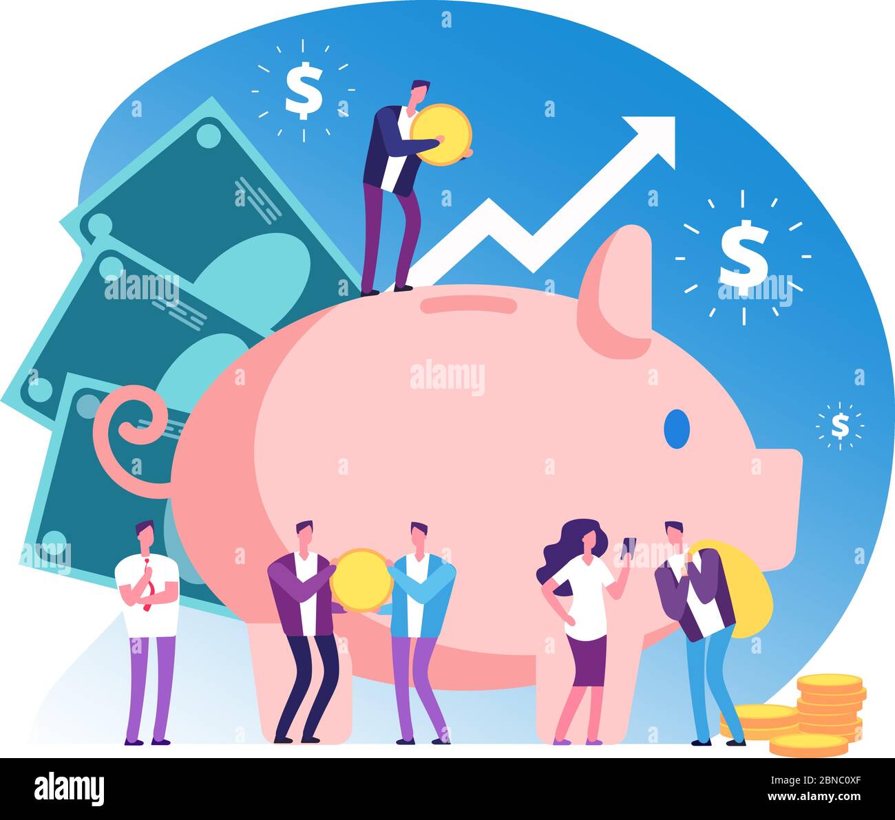 Piggy bank and people. Deposit money bank, wealth and cash accumulator financial vector concept. Illustration of deposit bank, money investment in banking Stock Vector