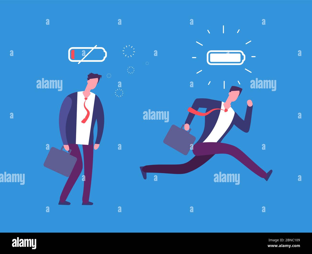 Full of energy and tired businessman. Powerful and flat person with full charge and uncharged battery. Business vector concept. Business man low charge energy, tired male illustration Stock Vector