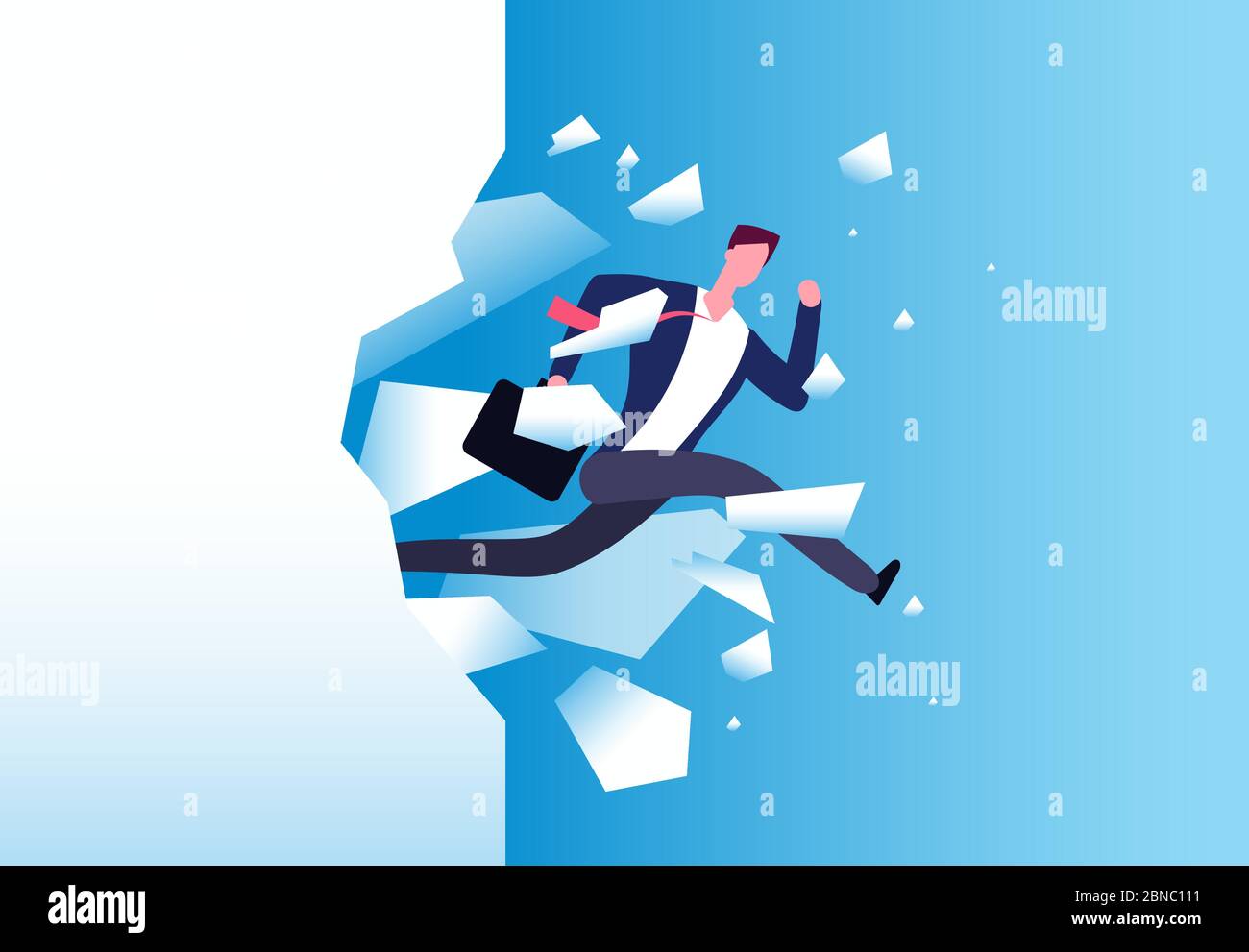 Breaking wall concept. Strong man jamps through barrier. Personal growth, business success and success motivation vector poster. Vector man jump through wall and breaking barrier illustration Stock Vector