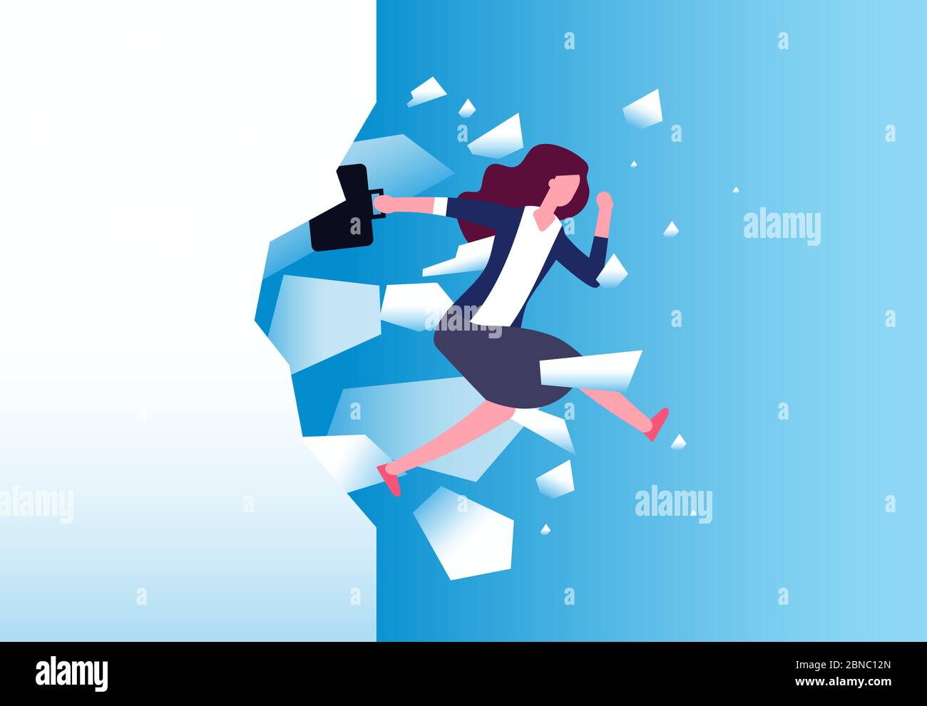 Businesswoman breaking wall. Strong woman jamps through barrier. Free people, action and overcome vector concept. Business female break wall, leadership power illustration Stock Vector
