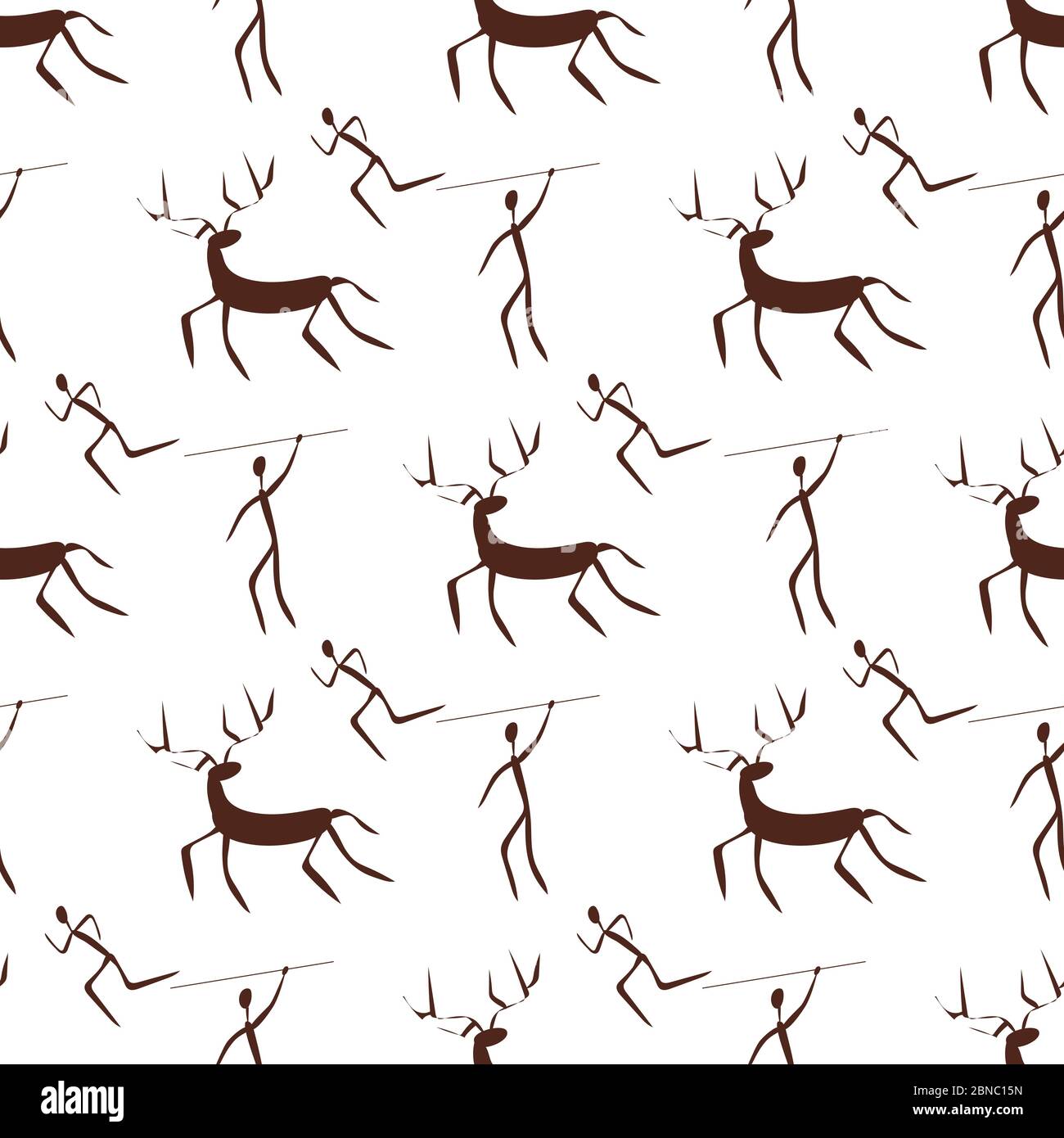 Stone age primitive painting seamless pattern background man and deer. Vector illustration Stock Vector