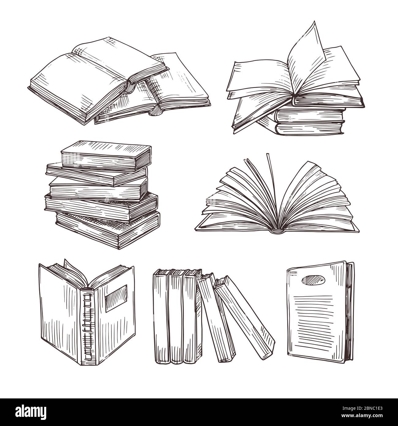 Sketch books. Ink drawing vintage open book and books pile. School education and library doodle vector symbols. Education book sketch, pile of literature drawing illustration Stock Vector