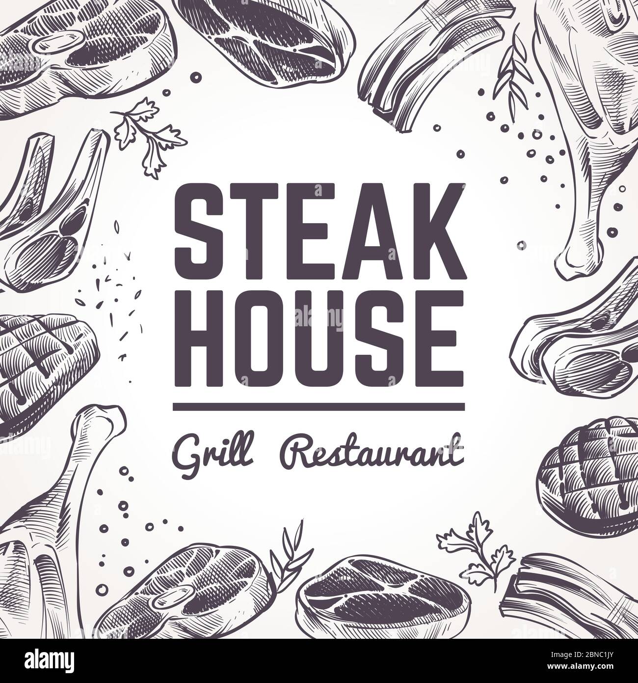 Sketch meat background. Grill food menu. Beef, pork and lamb barbecue and sausages. Vintage bbq meat hand drawn vector poster. Illustration of barbecue beefsteak, grill pork, restaurant banner Stock Vector