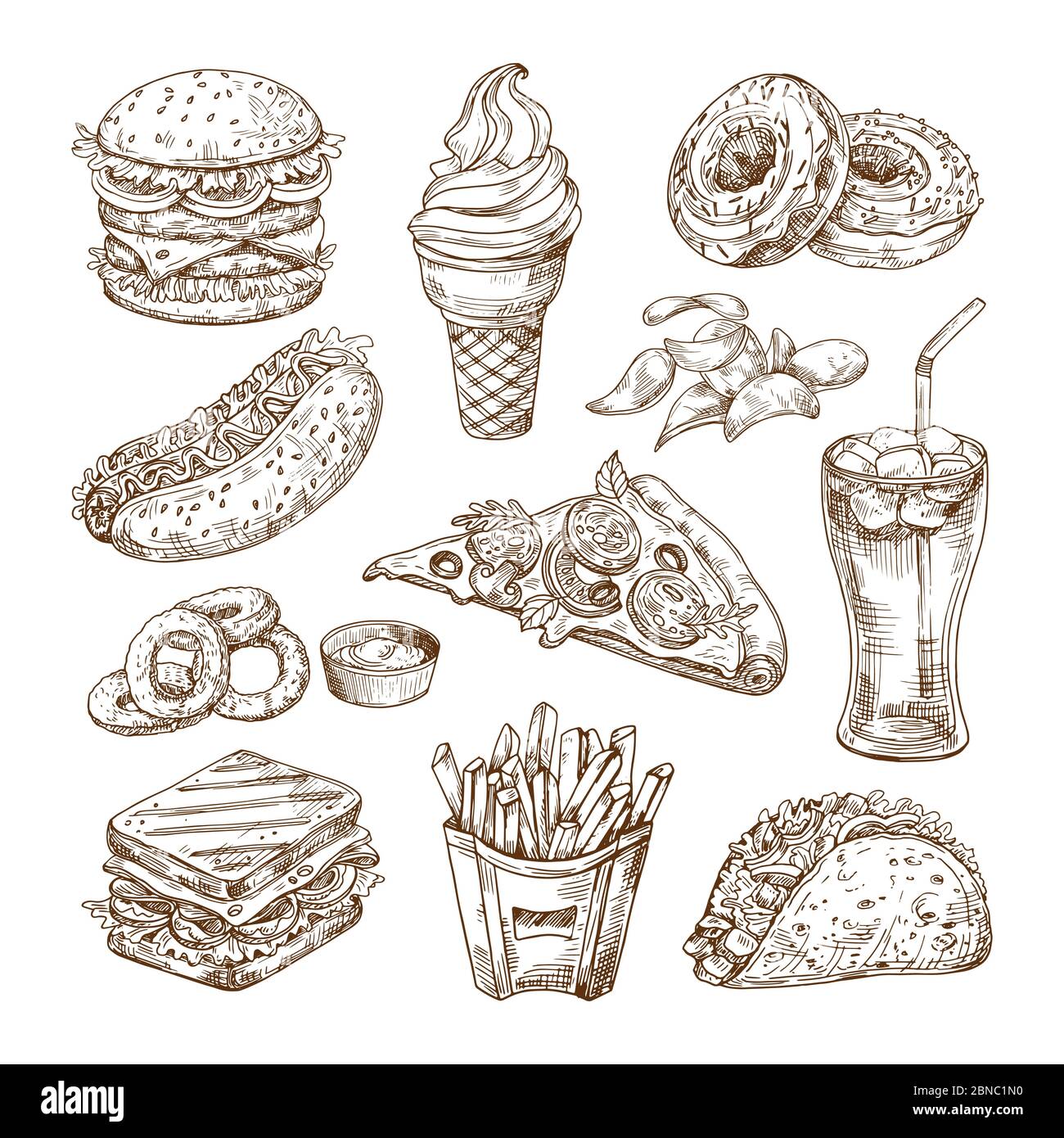Sketch fast food. Burger hot dog, sandwich snacks, chips and ice cream, cola pizza. Hand drawn fast food vector set. Hamburger and pizza, sandwich food, menu fast food illustration Stock Vector