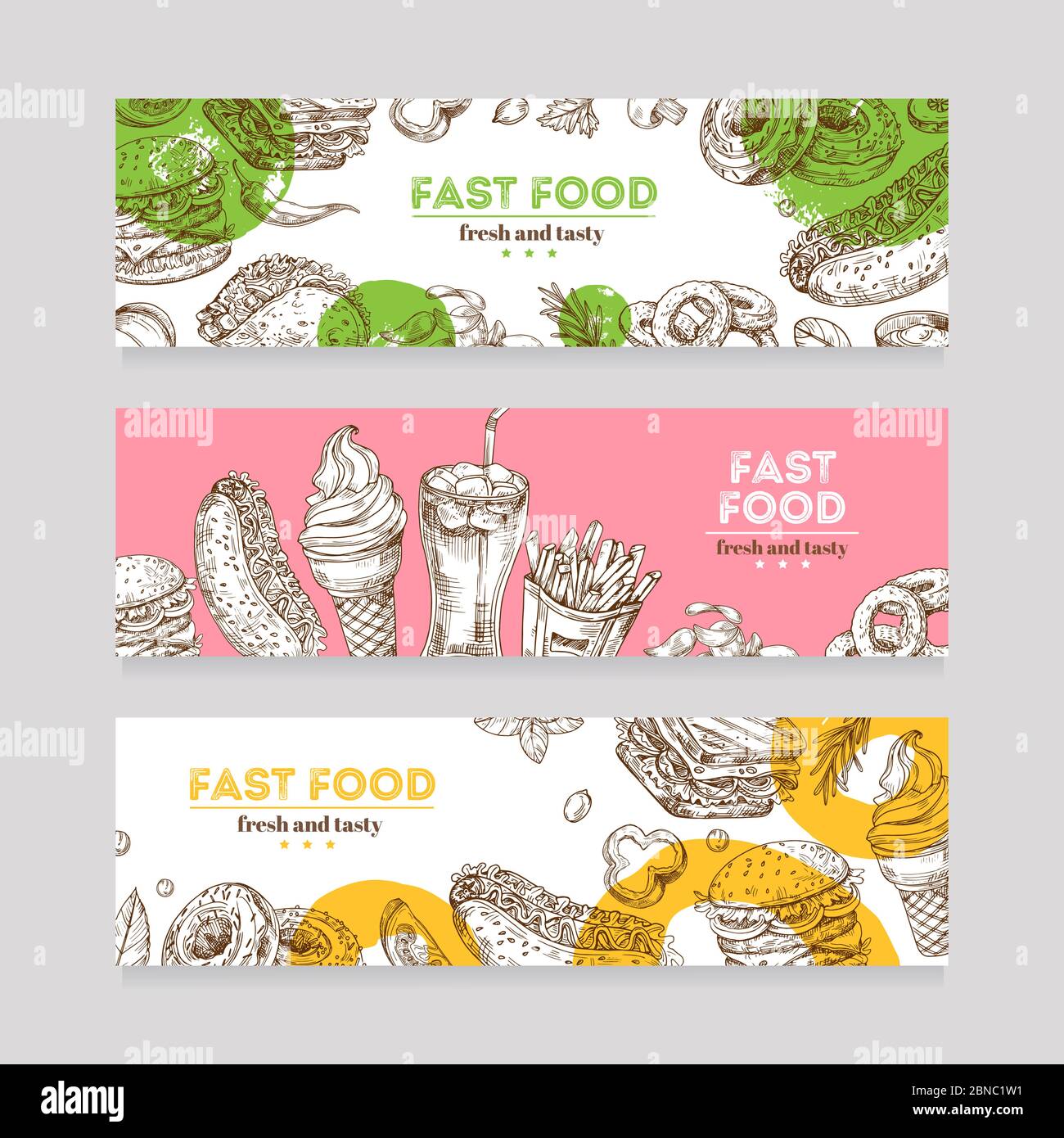 Fast food banners. Sketch burger, pizza, and snack, sandwich, ice cream and chips. Fast food restaurant horizontal advertising banners. Fast food hamburger, pizza lunch illustration Stock Vector