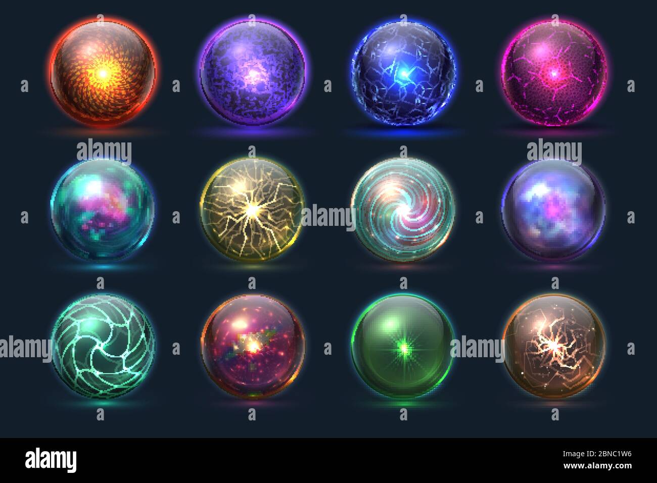 Magic balls. Energy mysterious orbs, magical crystal glass prediction paranormal sphere. Vector set of color sphere crystal, glass magic ball illustration Stock Vector