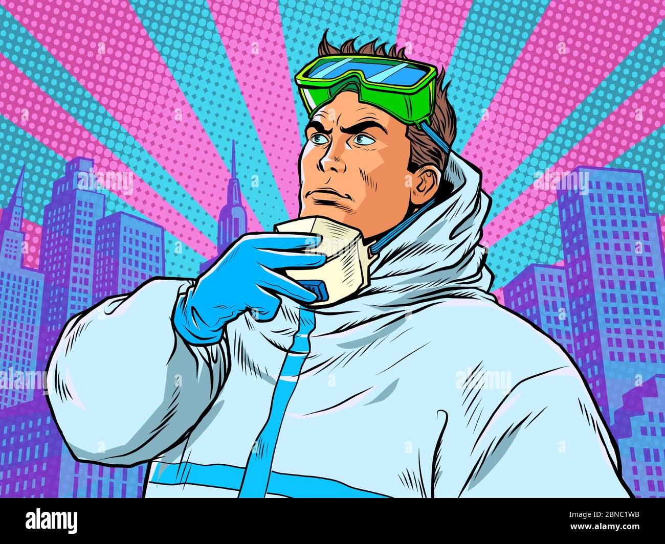 The doctor removes the protective mask. Covid19 coronavirus epidemic Stock Vector