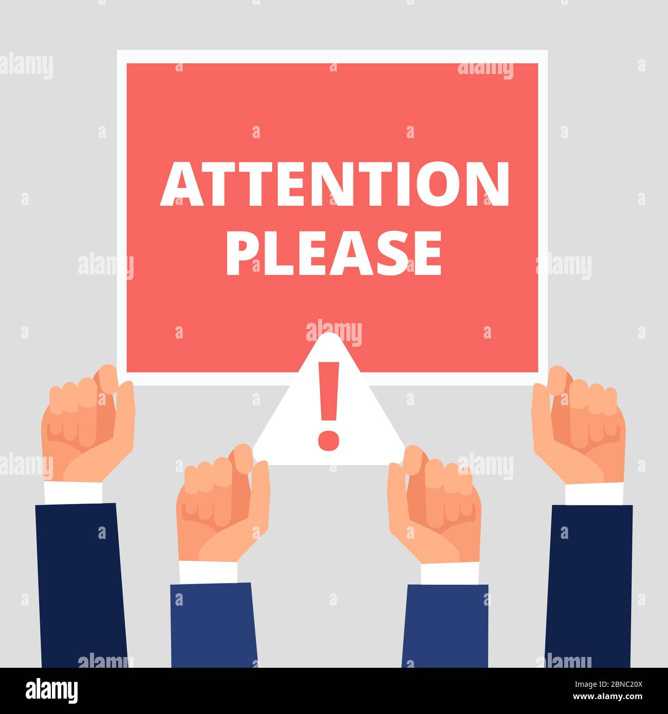 Attention please banner on hands. Alert announcement, attention vector concept illustration Stock Vector