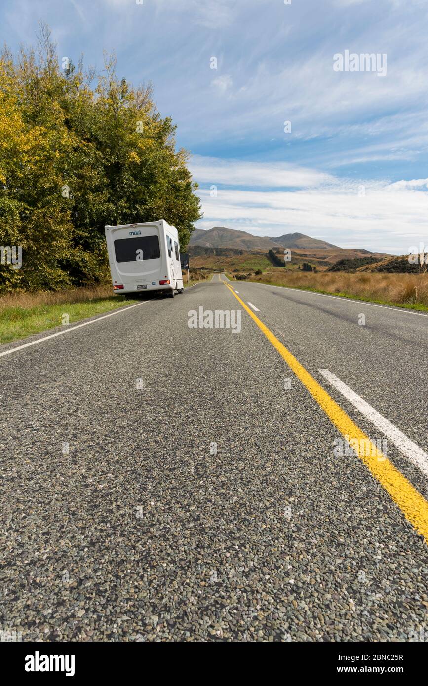 A large six berth Maui motorhome parked on a road on south island New Zealand Stock Photo