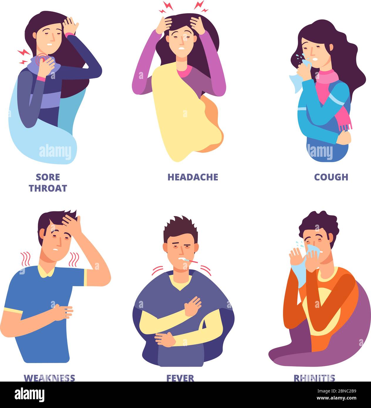 Flu symptoms. People demonstrating cold sickness. Fever cough, snot chills, dizziness. Vector characters for flu prevention poster. Fever and cold, flu and dizzy illustration Stock Vector