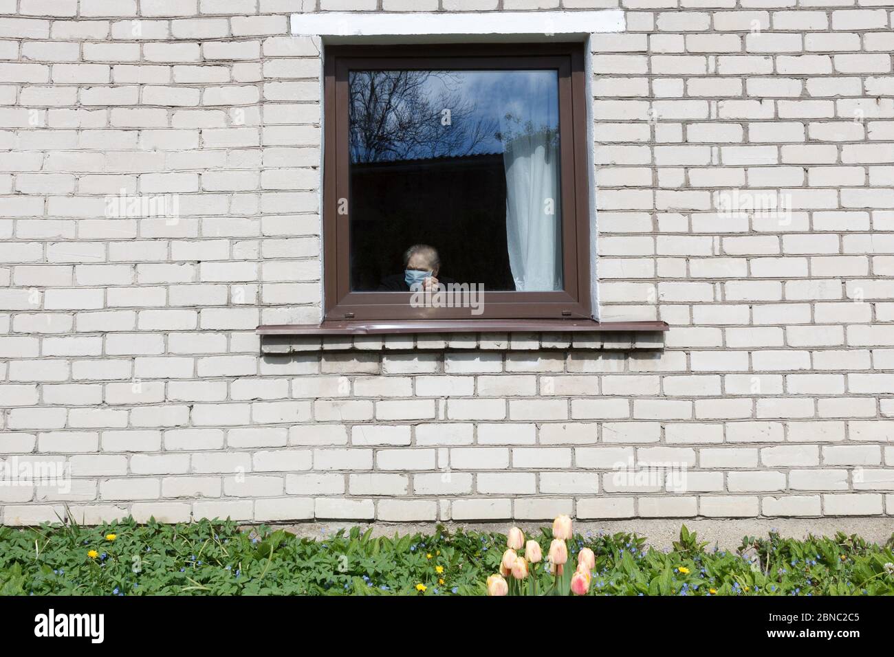 An old grandmother in a protective mask looks out the window at self-isolation. Elderly woman at quarantine at home. Stock Photo