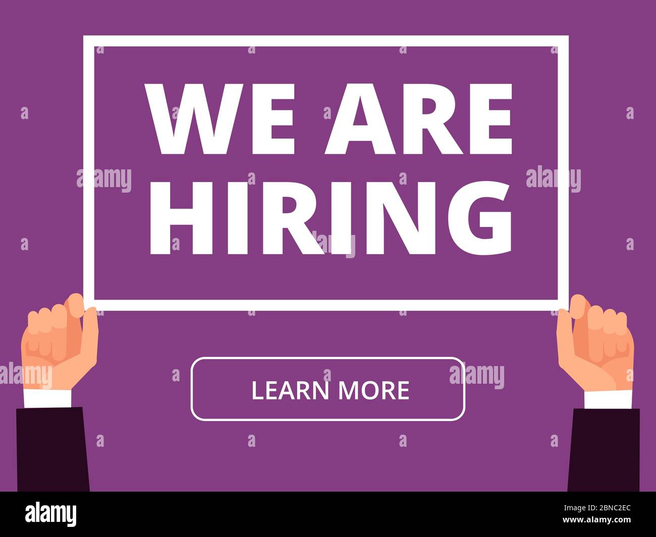 Hands hold information banner with we are hiring message. Business
