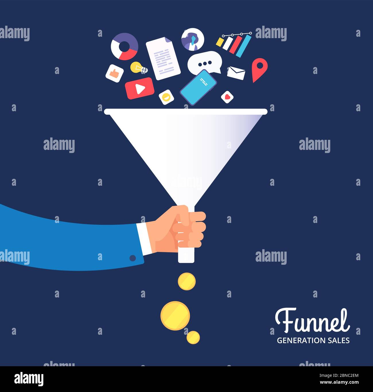 Sale funnel. Lead management optimisation and generation. Leading technology and media marketing. Sale conversion vector concept. Funnel marketing strategy, process and optimization illustration Stock Vector