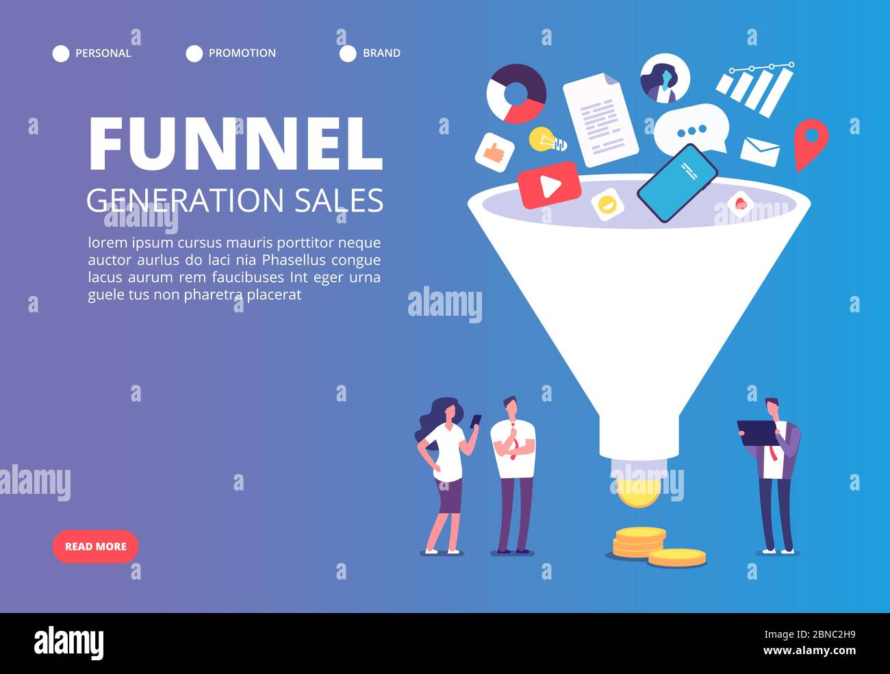 Funnel sale generation. Digital marketing funnel lead generations with buyers. Strategy, conversion rate optimization vector concept. Funnel marketing, generation and optimization sale illustration Stock Vector