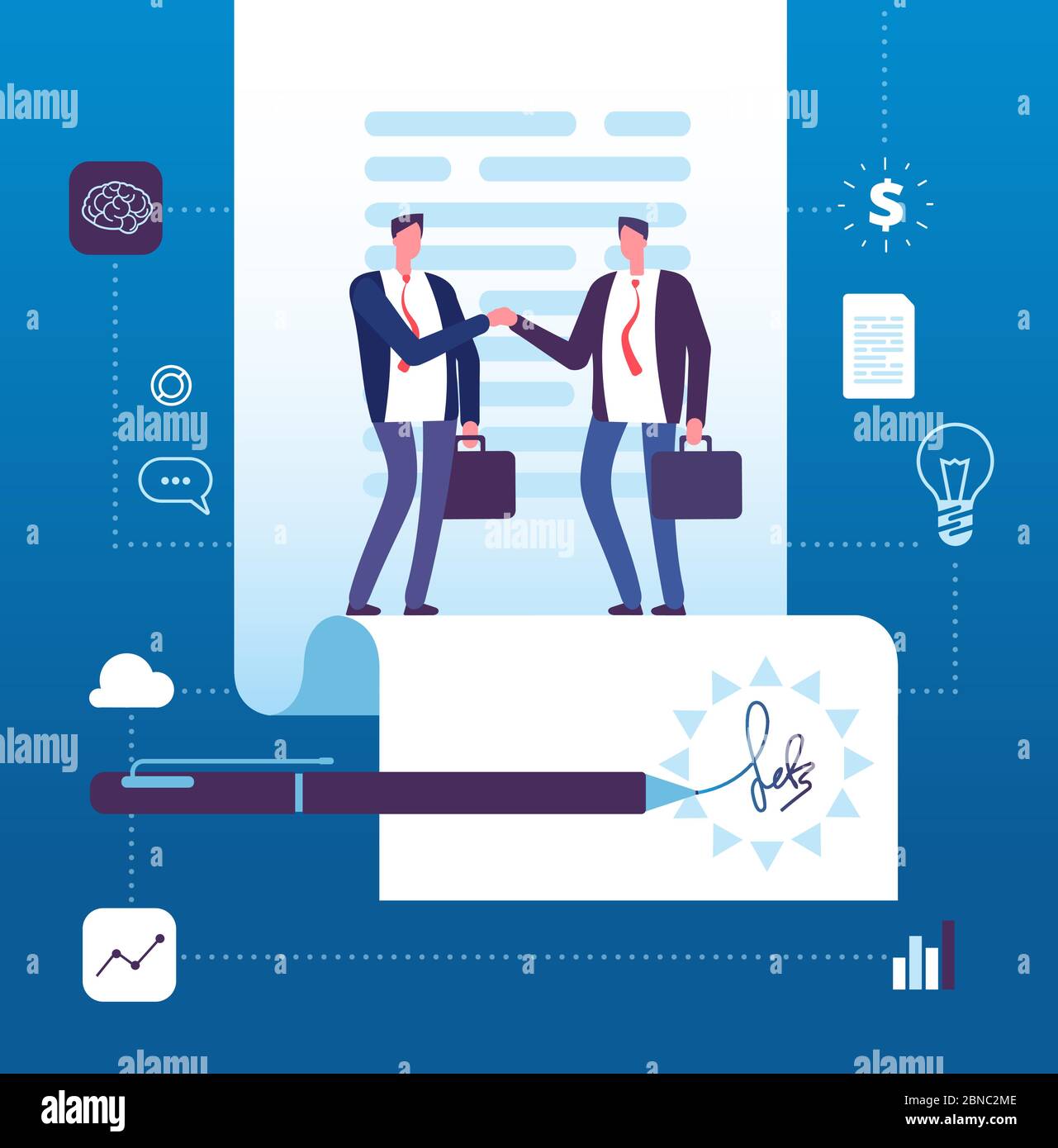 Business agreement concept. Businessman handshaking at contract with signature. Investment, partnership big deal vector illustration. Handshake contract and agreement, businessman negotiation Stock Vector