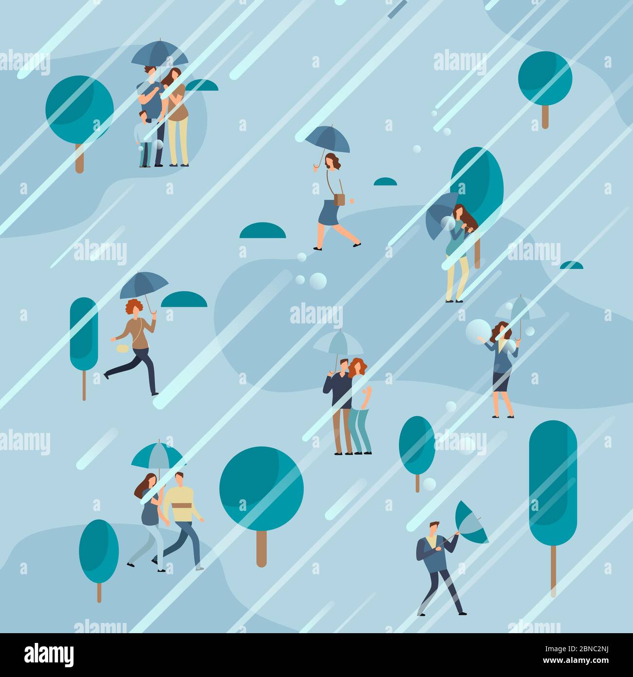 Rainy day in the park with people with umbrellas. Vector illustration Stock Vector