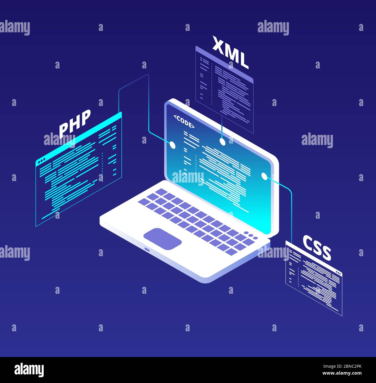 Coding concept. Website development and app software programming with laptop and virtual screens. Html5 and php code vector background. Illustration of programming code php, coding development Stock Vector
