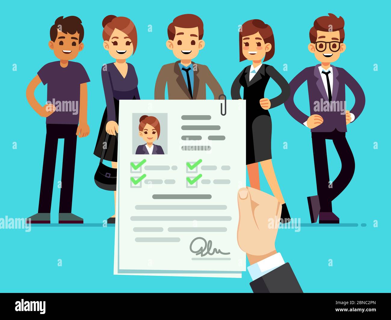 Recruitment. Recruiter choosing candidates with female cv resume vector illustration. Career and recruitment resume Stock Vector