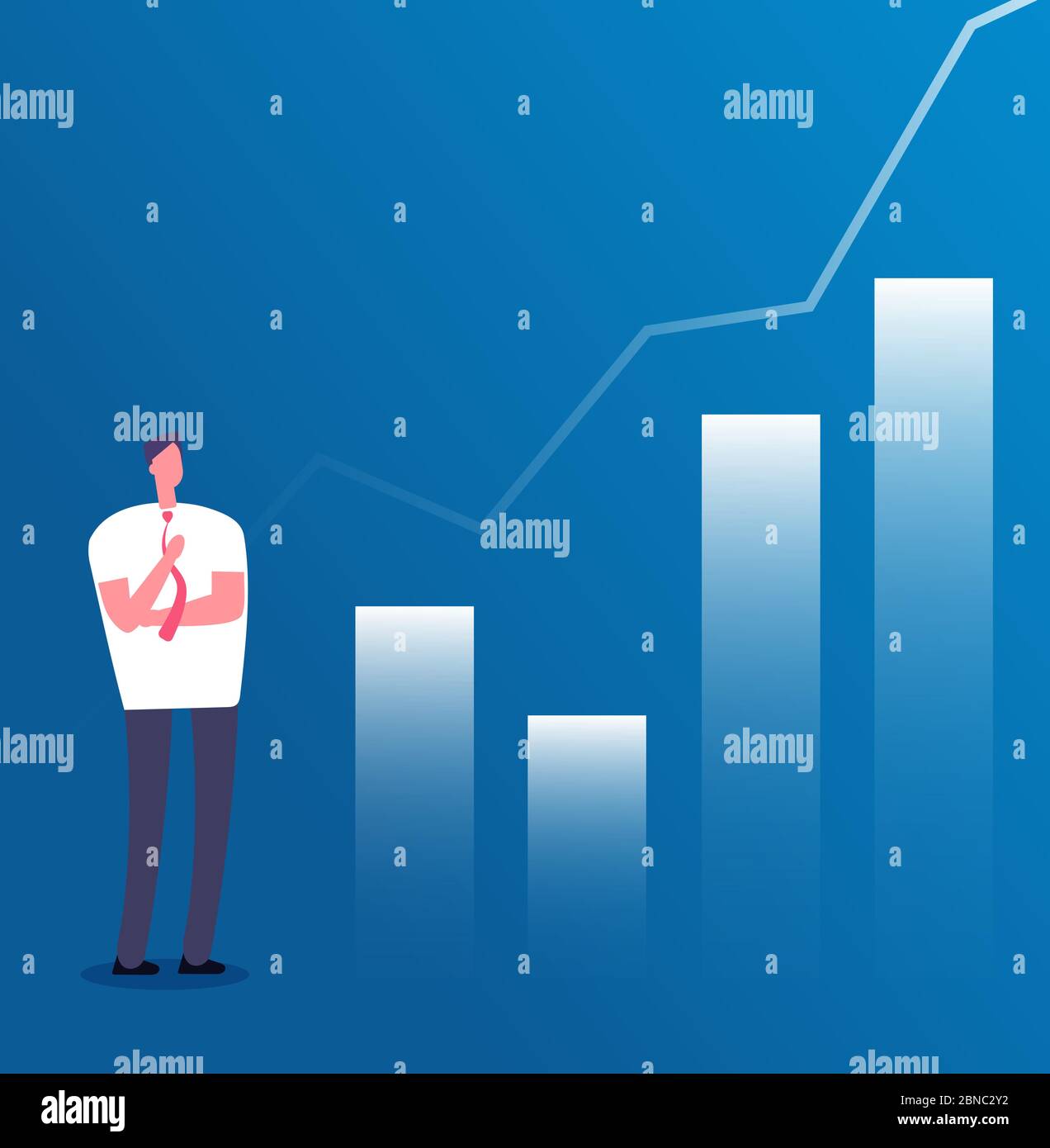 Market growth concept. Businessman with growth chart. Success business, investment income planning and career growth vector poster. Illustration of finance graph up, profit and investment financial Stock Vector