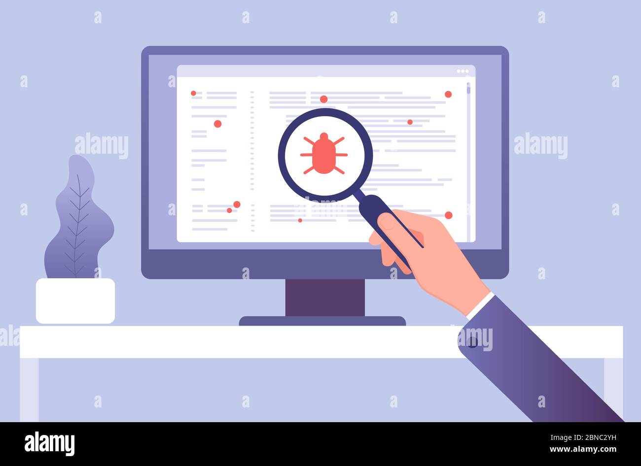 Computer virus concept. Hand with magnifying glass testing software. Bug virus icon on computer screen. Vector illustration. Search bug and virus, magnifier glass in hand Stock Vector