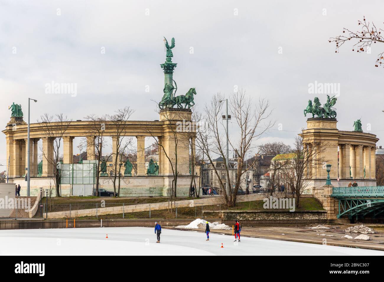 Budapest, Hungary - February 14, 2016: Heroes Square - major square in Budapest. Ice rink in city park of Budapest. People skating, athletes training Stock Photo