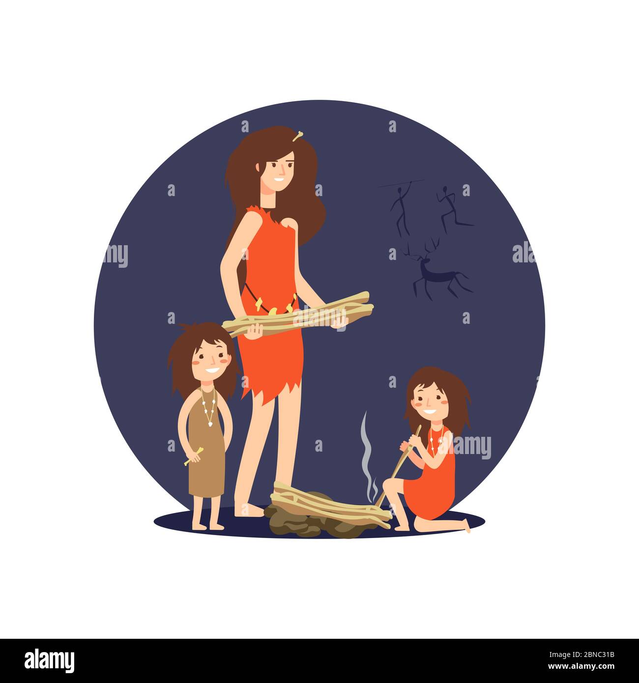 Stone age woman and girls get fire for warming up isolated on white. Vector illustration Stock Vector