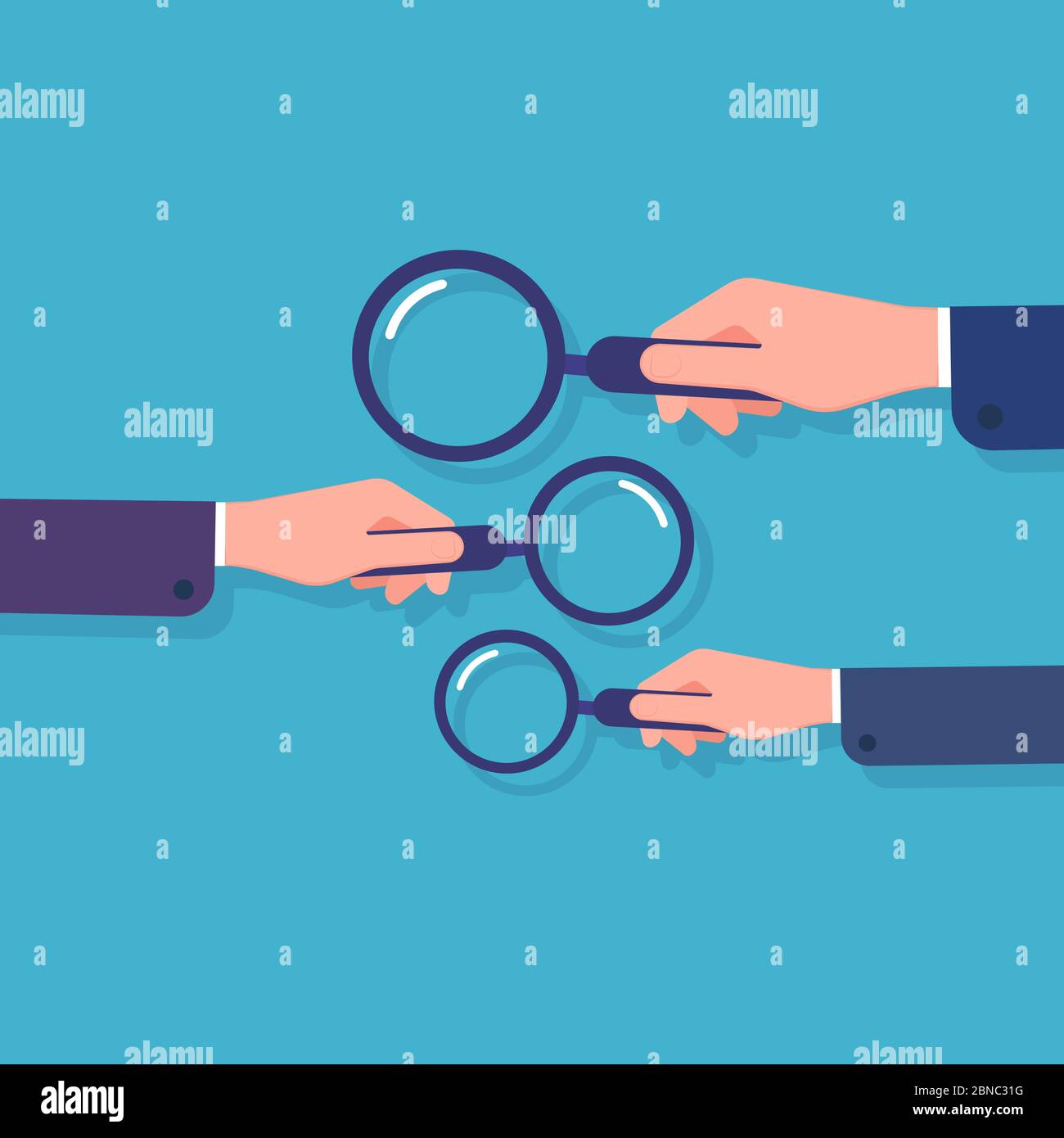 Hands holding magnifying glass. Information searching, business data research and detective. Cartoon vector concept with magnifier. Illustration of lens glass, research data info Stock Vector