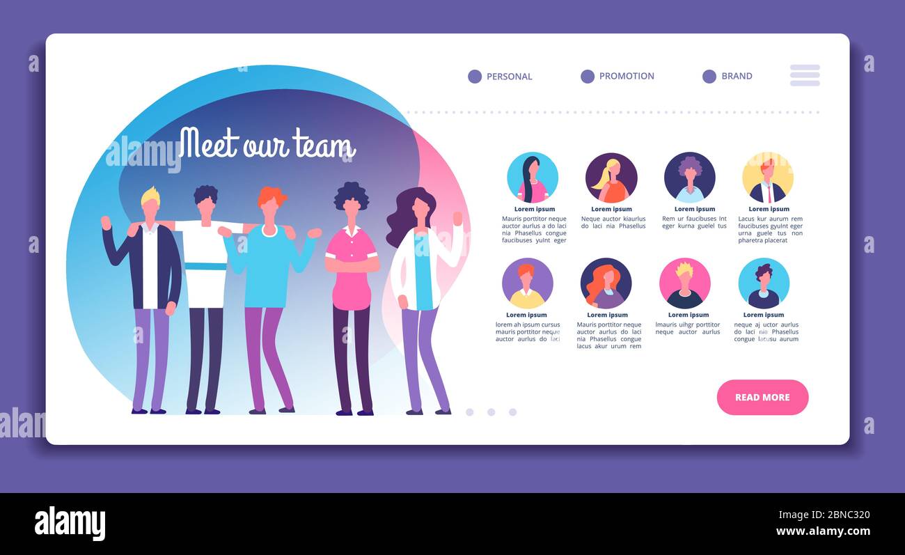 Our team page. Staff organization structure. About us webpage with professional avatars, male female bright faces. Vector template. Business team and teamwork page website illustration Stock Vector