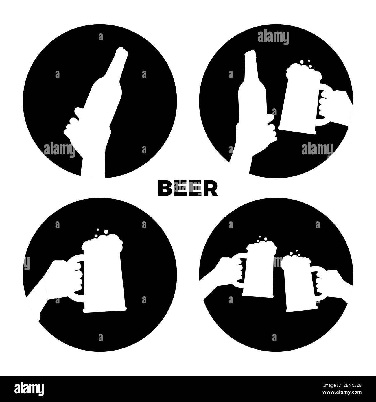 Vector beer icons of set. Black and white beer in hands silhouettes isolated illustration monochrome Stock Vector