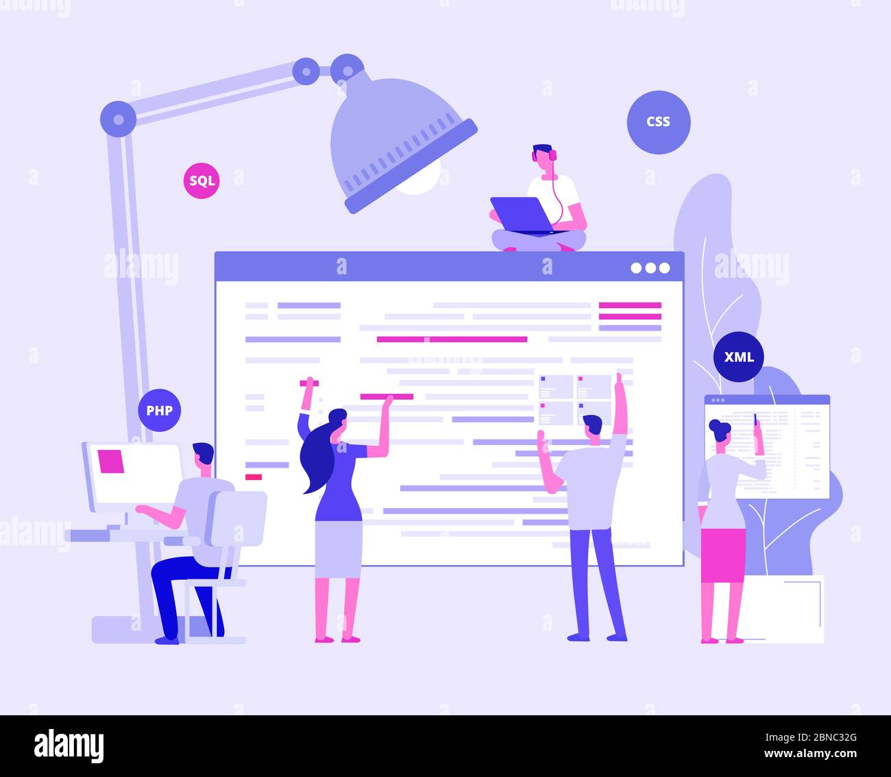 Web site development. Designers and programers create corporate site. Website coding vector concept. Illustration of development website internet page Stock Vector