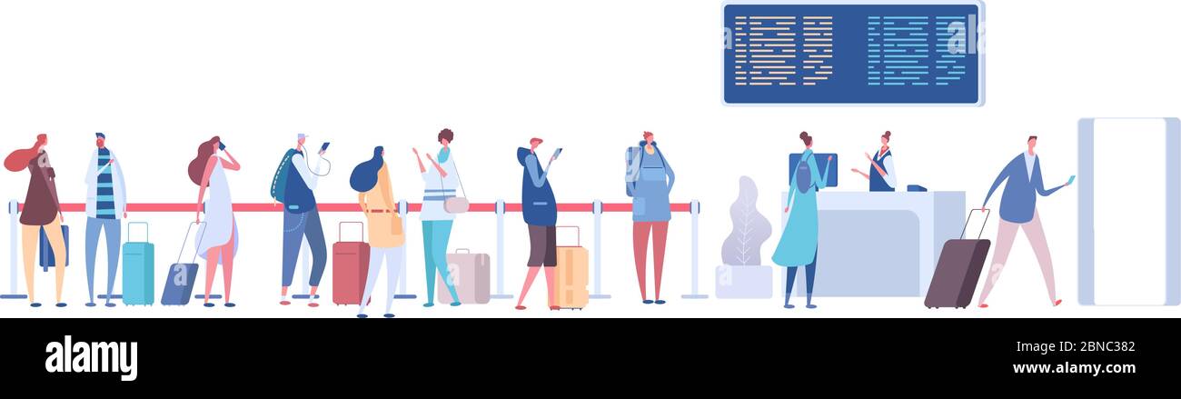 People in airport queue. Passengers baggage in line, check in registration in terminal. Airport arrival departure vector concept. Queue to check flight, people with luggage and baggage illustration Stock Vector