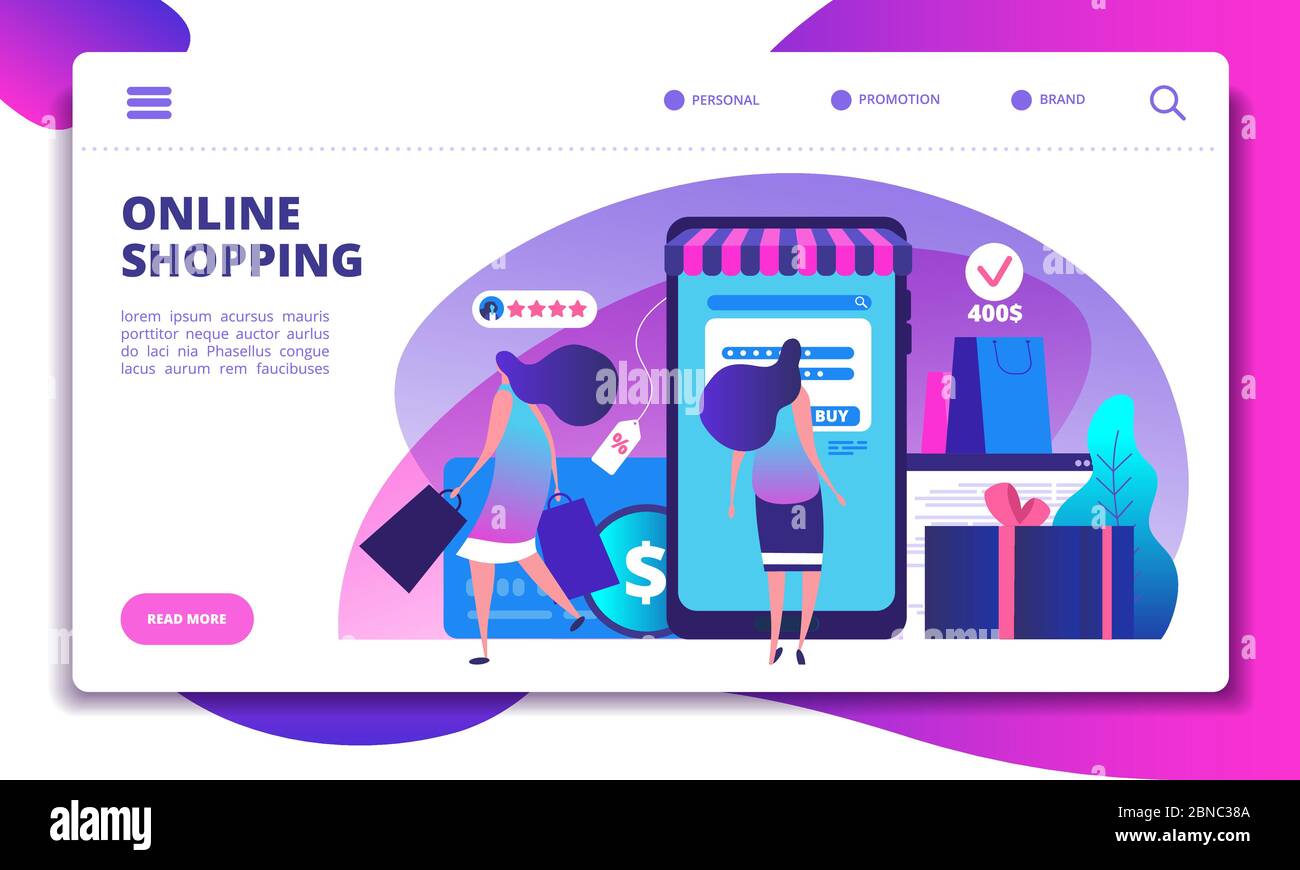 Online shopping landing page. People with smartphone doing internet payment in on-line store. Website or app vector design. Online store, payment and commerce website shop illustration Stock Vector