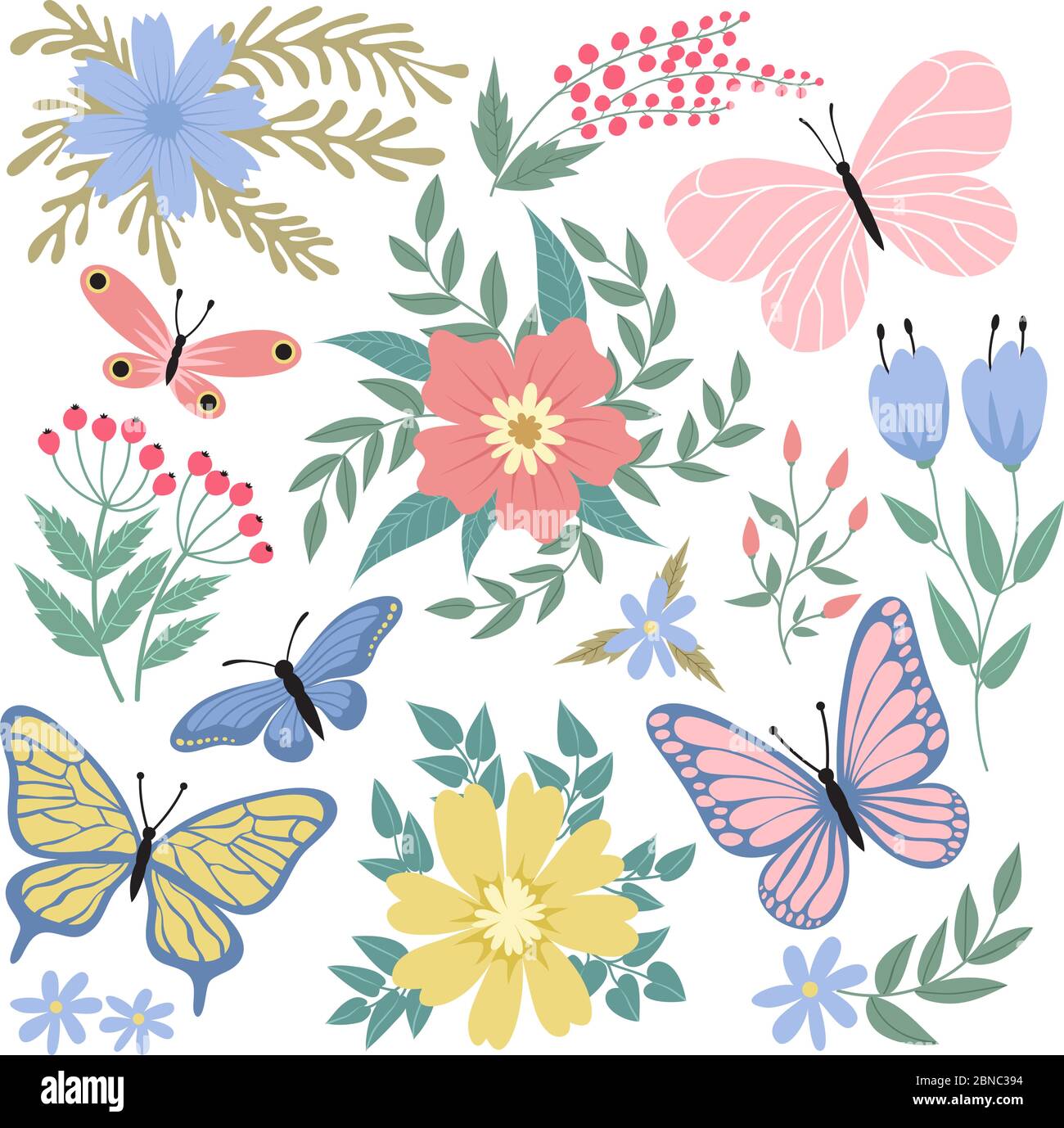 Butterflies and flowers. Hand drawn vector summer and spring collection. Illustration of summer butterfly and colored flower Stock Vector