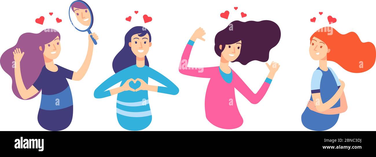 Love yourself. Narcissistic, self-confident people hugged themselves. Loving oneself men and women. Vector characters set. Illustration of yourself girl and self-esteem Stock Vector