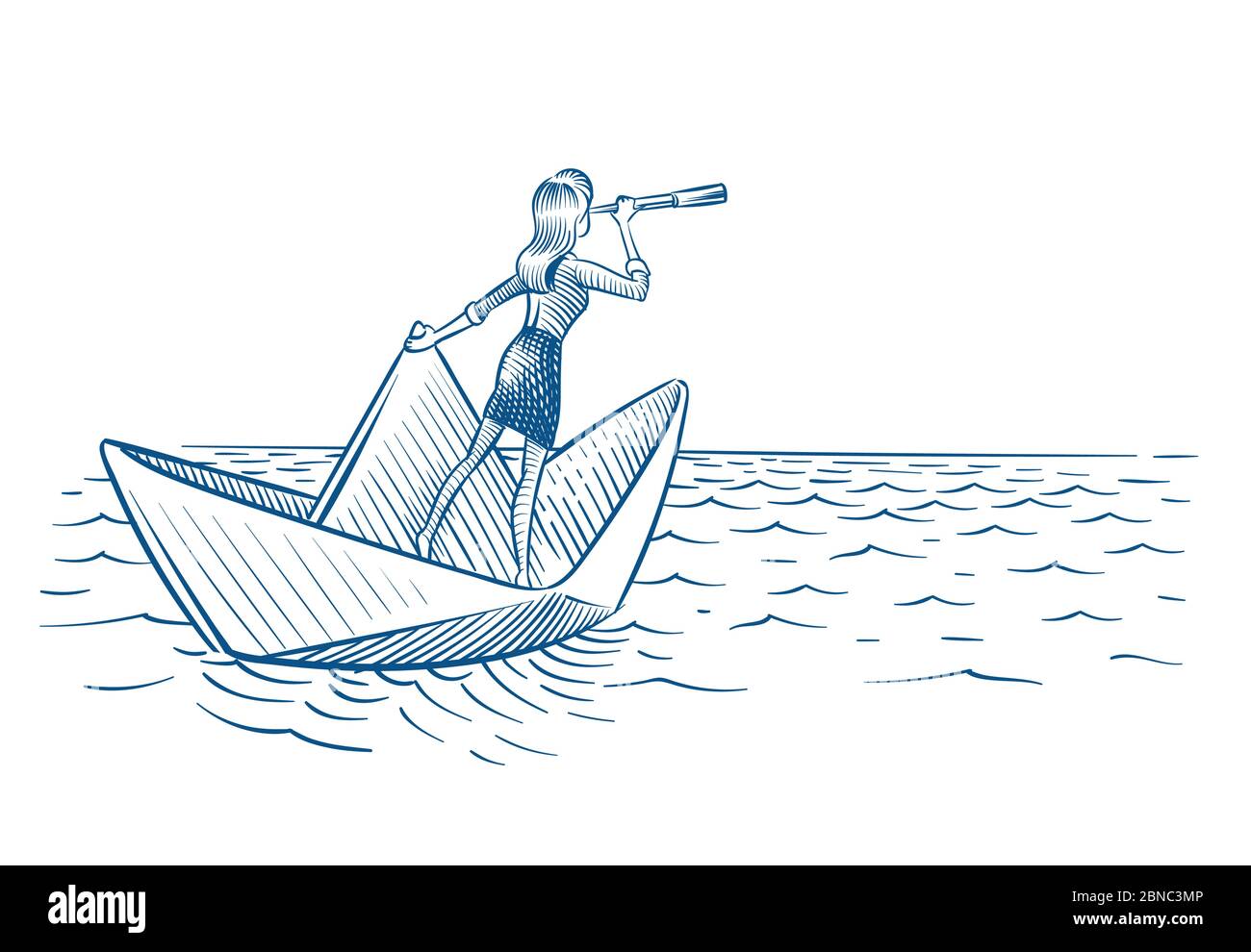 Businesswoman leader. Woman with telescope sailing on paper boat. Future career vision and leadership vector doodle concept. Illustration of leader with telescope or spyglass, businesswoman in boat Stock Vector