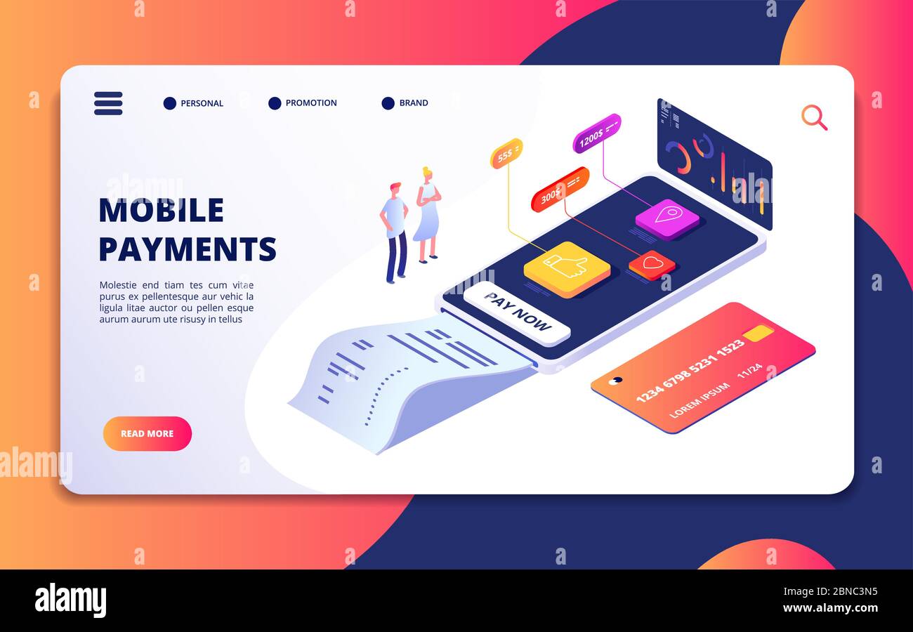 Online payment isometric concept. Banking shopping mobile phone app. Credit card protection, internet paying buying vector banner. Mobile phone app for payment, smartphone banking pay illustration Stock Vector