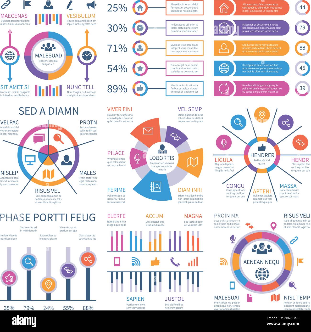 Financial infographic. Business bar graph and flow chart, economic diagram circle charts with icons. Presentation vector infographics. Diagram and economic chart, flowchart infographic illustration Stock Vector