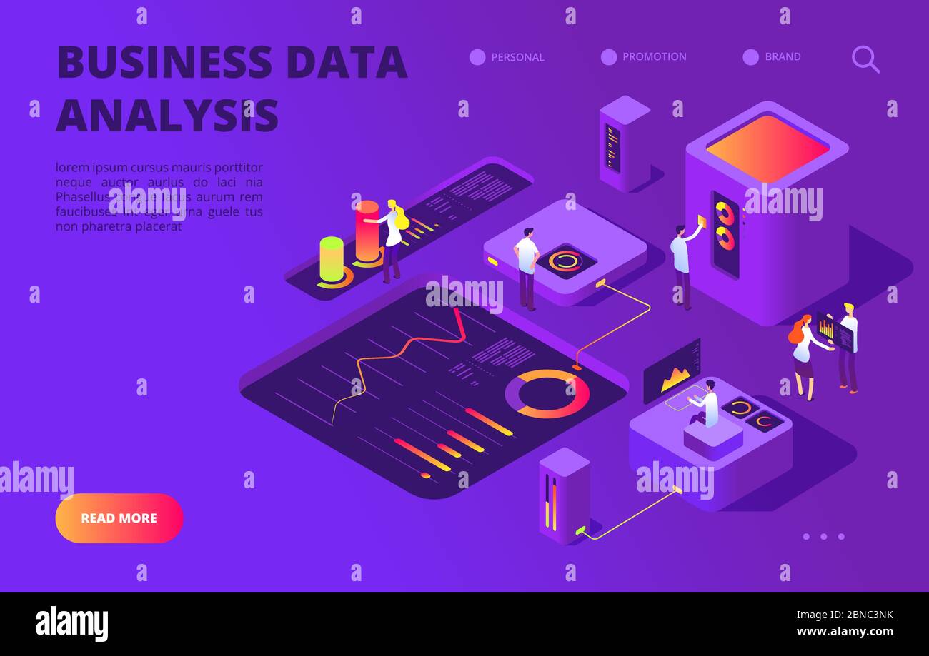 Data analysis isometric concept. People work on infographic chart, dashboard database. Digital technology landing vector page. Illustration of infographic 3d, dashboard analysis Stock Vector