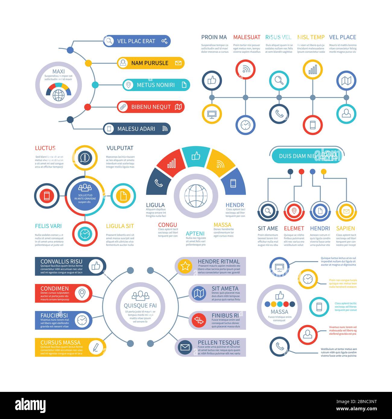 Infographic elements. Financial presentation infochart, marketing chart and bar diagrams. Option process graph and timeline vector set. Graph and diagram, marketing infochart, presentation infographic Stock Vector