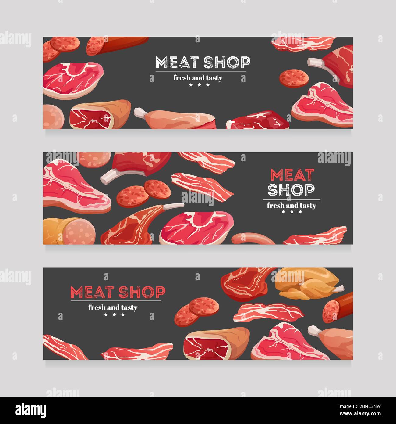 Meat product banners. Beef and pork sausage, ham and salami, bacon