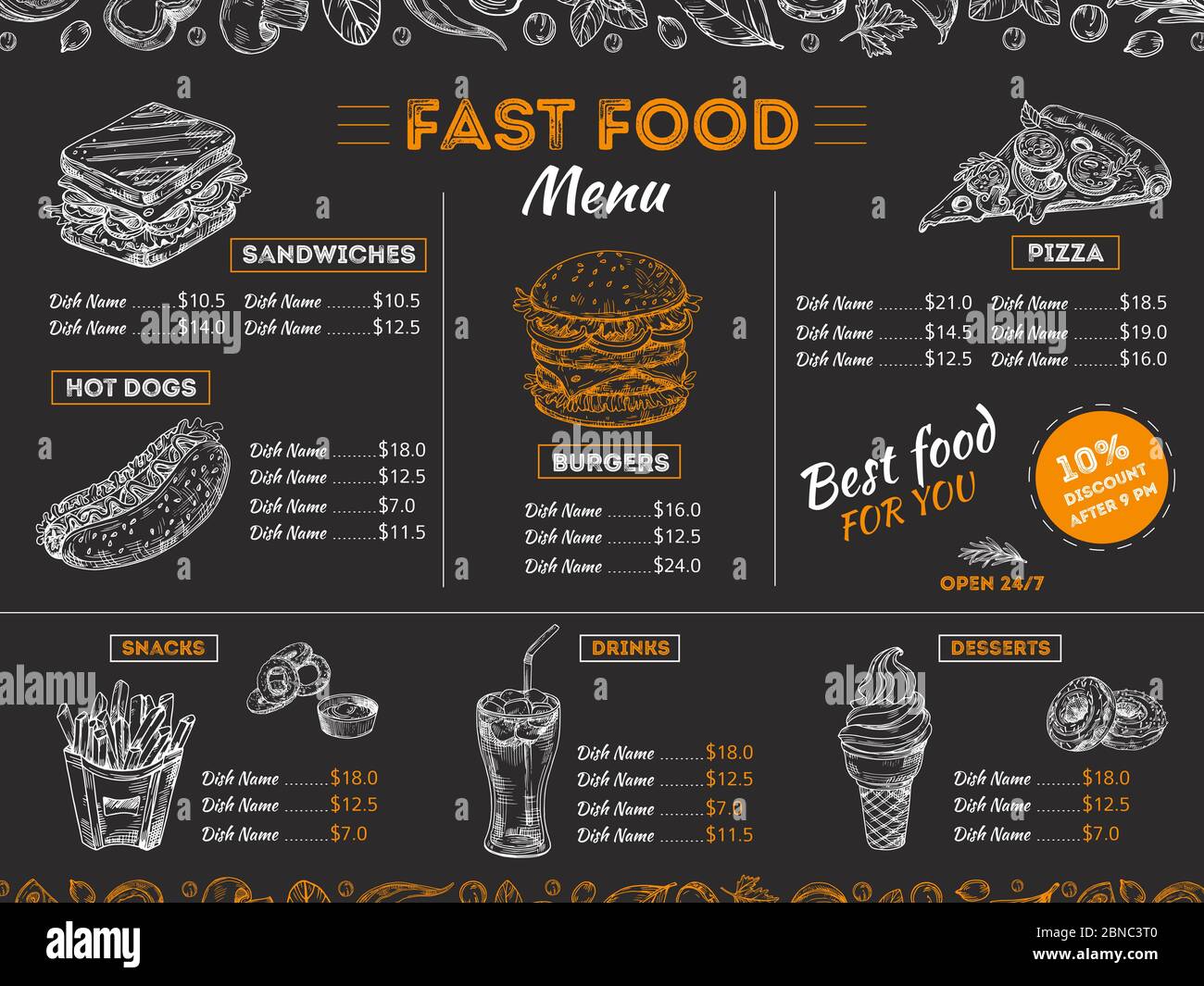 Fast food menu. Sketch sandwich burger, pizza snacks vintage design on chalkboard. Fast food restaurant menu board vector template. Illustration of menu fast food, restaurant pizza and hamburger Stock Vector