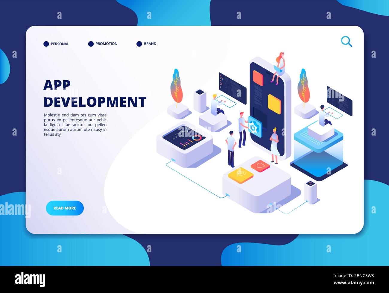 App development concept. Developer designer work on smartphone mobile application. Customized ui design isometric vector infographic. App development designer, project and programming illustration Stock Vector