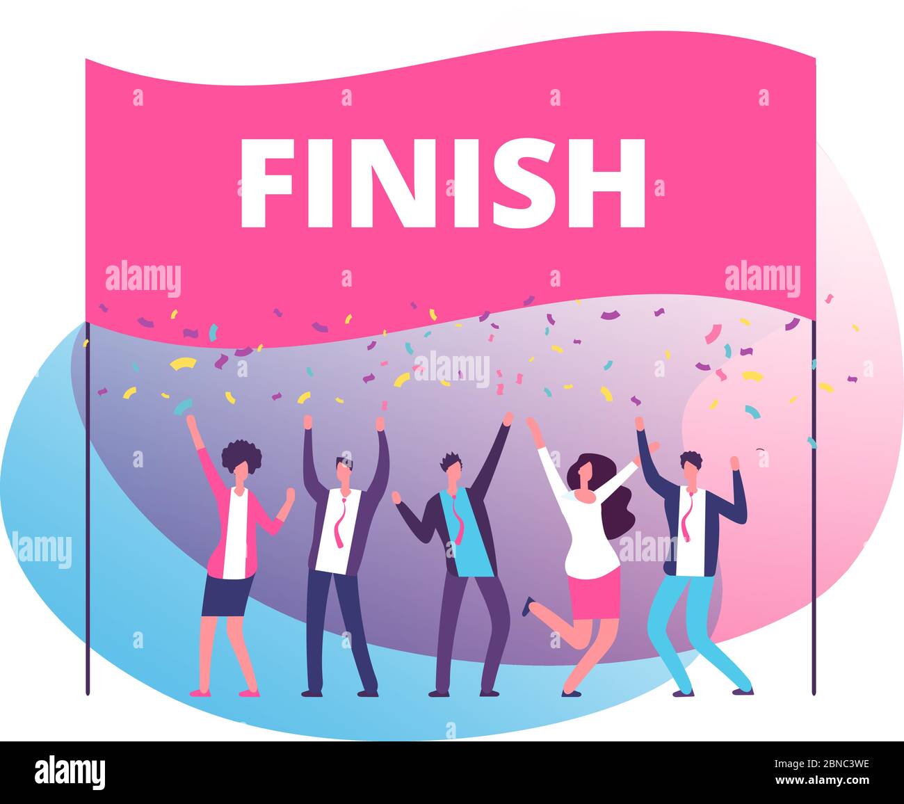 Success reach goal concept. Business persons celebrating victory at finish line. Compete in business motivation vector poster. Triumph business team in competition illustration Stock Vector
