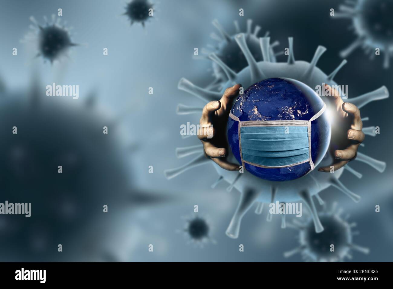 Planet Earth with face mask to protect from coronavirus. Hands grasping the globe with virus cells in background. Covid 19 quarantine, 3D illustration Stock Photo