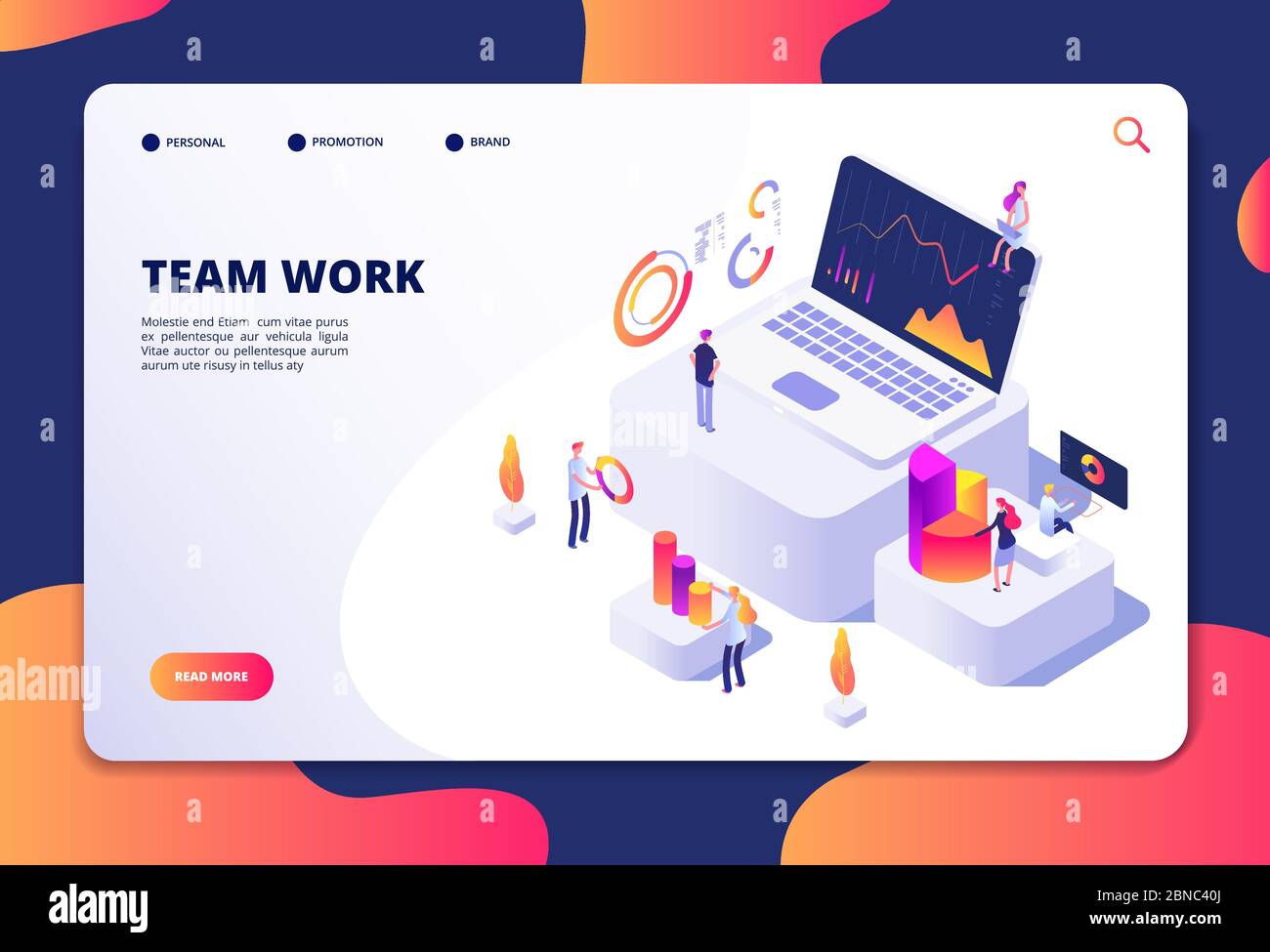 Team work concept. People work with finance charts and graphs. Business data analysis and optimization. Landing web page vector design. Business teamwork page with graphic chart illustration Stock Vector