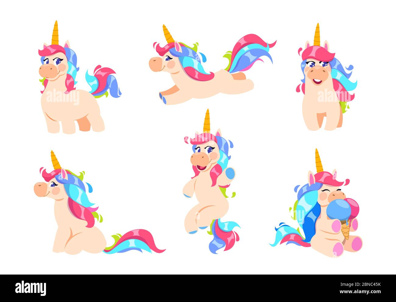 Cute unicorns. Cartoon fairy pony, magic baby horse animal. Fairytale vector characters. Illustration of magic pony with horn and colored mane Stock Vector