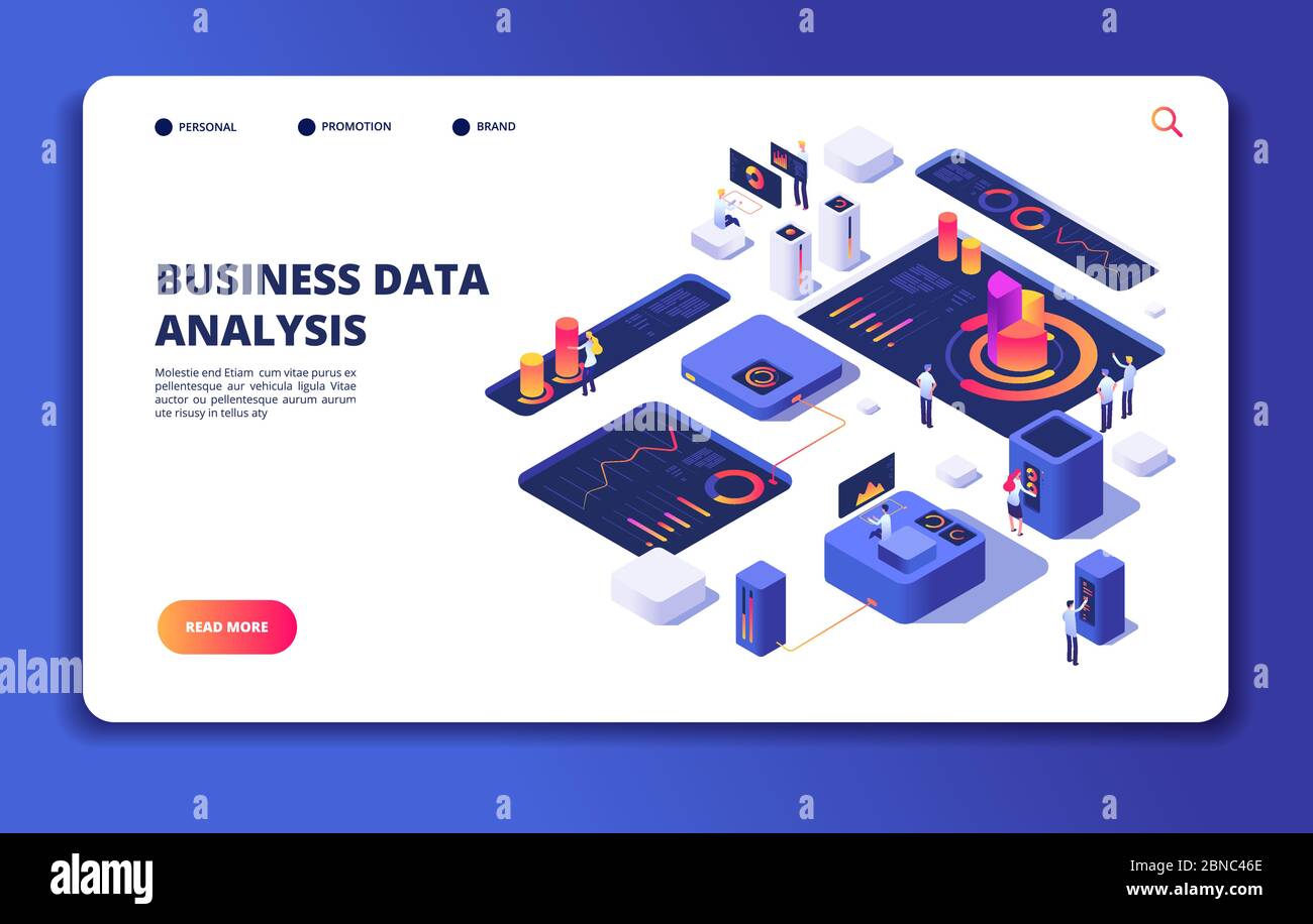 People work with dashboard. Modern statistics technology, designer interacts with financial process charts. Landing web vector page. Dashboard work interact with business data analysis illustration Stock Vector