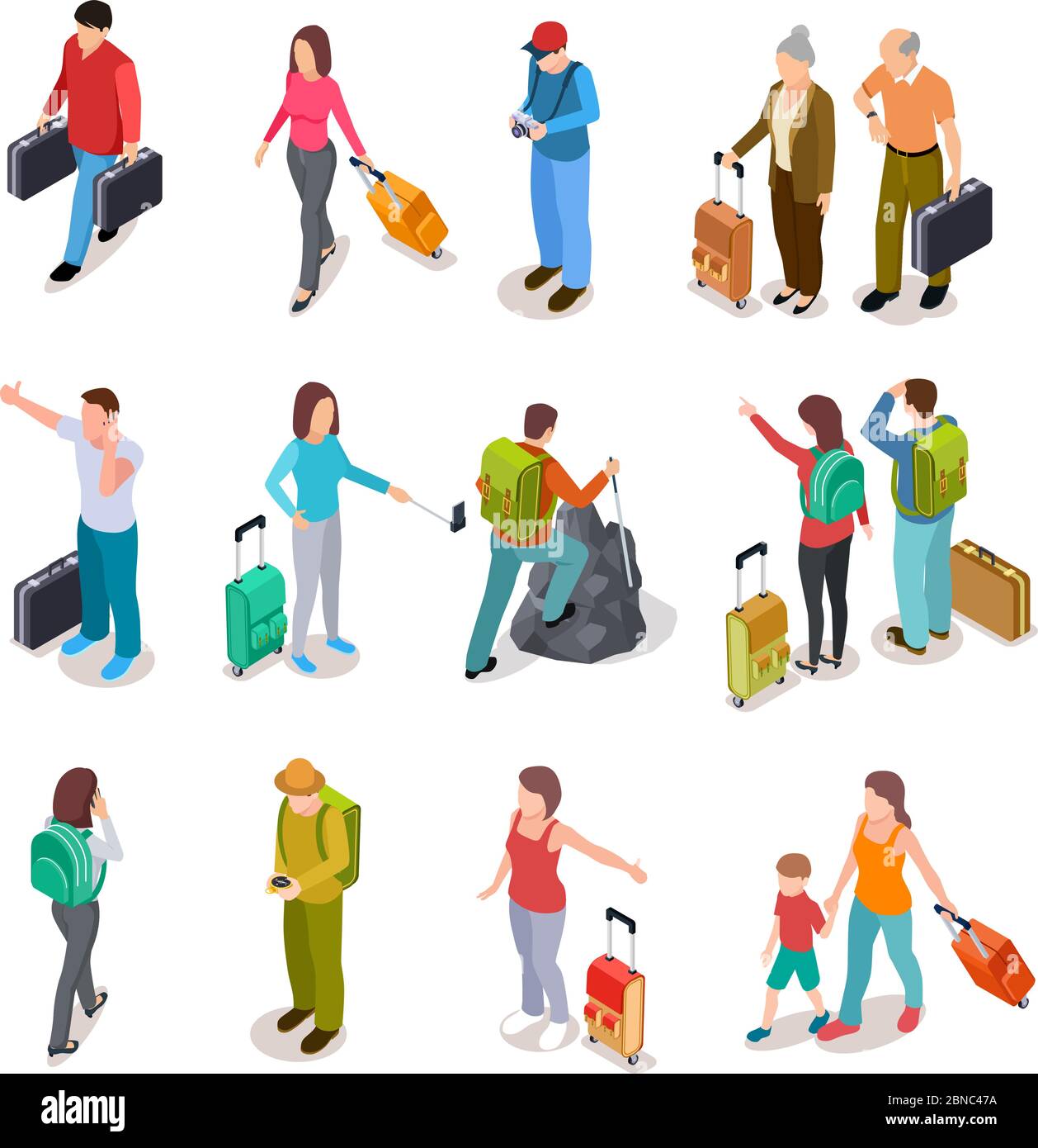Travel people isometric set. Men, women and kids with luggage. Tourist  family, passengers and baggage. Tourism vector collection. Illustration of people  travel adventure, walking and hiking isometry Stock Vector Image & Art -